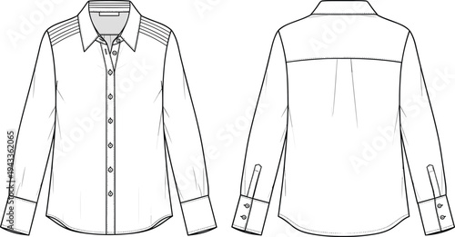 Women's Long Sleeve Button Down Shirt Technical Flat Sketch, Pleated Shoulder Detail Blouse CAD Drawing, Fashion Vector Template Illustration for Design