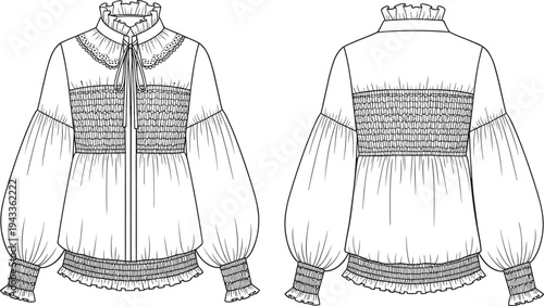 Women's romantic smocked blouse technical flat sketch, ruffled collar bishop sleeve vector illustration, apparel design template, fashion CAD drawing illustration.