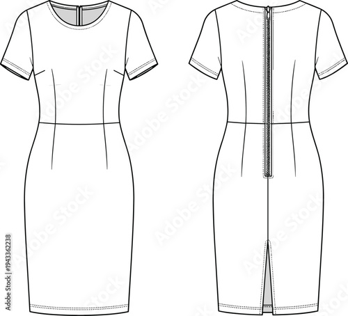 Women's short sleeve sheath dress technical flat sketch, tailored pencil dress vector illustration, front back view apparel design template, fashion CAD.