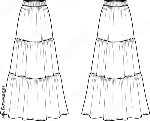 Women's Tiered Maxi Skirt Technical Flat Sketch, Long Three Tiered Ruffled Skirt CAD Drawing, Elastic Waistband Fashion Vector Template Illustration