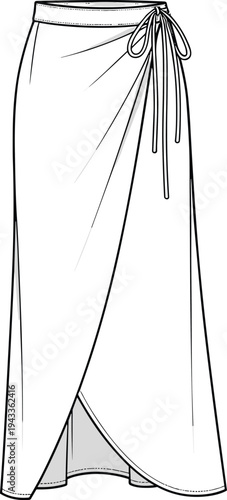 Women's wrap maxi skirt technical flat sketch, long sarong vector illustration, tie waist apparel design template, fashion CAD drawing illustration.