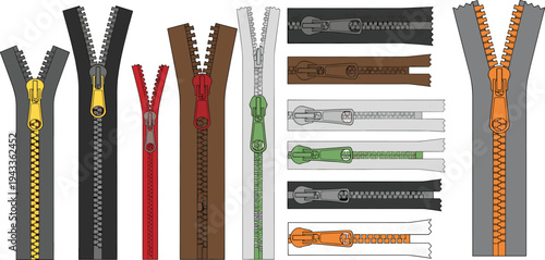 Zipper collection technical flat sketch, garment trim hardware vector illustration, apparel fastener design template, fashion CAD drawing illustration set template.