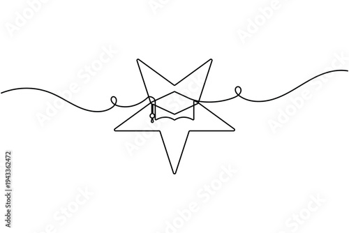 Top student graduation cap sign icon continuous one line drawing on white background minimalist star symbol outline vector illustration