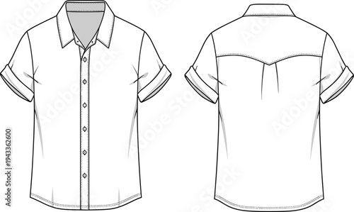 Mens casual short sleeve button down shirt with rolled cuffs and western yoke detail front and back view cad drawing flat vector illustration