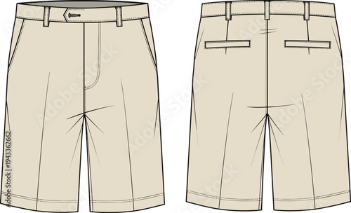 Mens classic chino shorts tech pack with side pockets and welt back pockets front and back view cad drawing flat vector illustration
