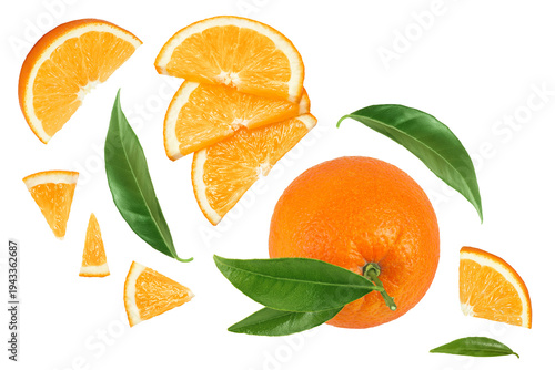 Orange fruit slices isolated on white background. Top view. Flat lay.