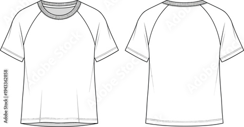 Mens classic short sleeve raglan t-shirt tech pack front and back view cad drawing flat vector illustration for fashion design