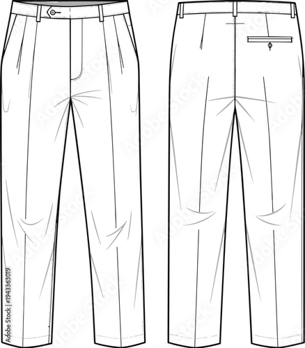 Mens elegant pleated dress trousers with front crease and welt back pocket front and back view cad drawing flat vector illustration