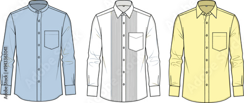 Mens formal dress shirt collection including mandarin collar, pleated tuxedo front, and classic button down styles cad drawing flat vector illustration