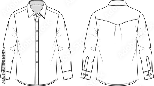 Mens formal long sleeve button down dress shirt with pointed collar and button cuffs front and back view cad drawing flat vector illustration