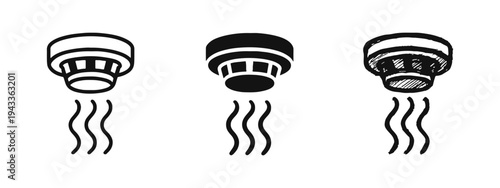 Smoke Detector Icon Set: Fire Alarm System Safety Symbols in Outline, Solid, and Hand-drawn Styles