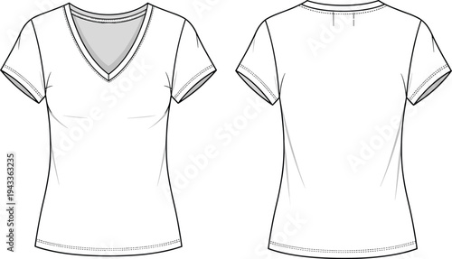 Womens basic short sleeve v-neck t-shirt tech pack front and back view cad drawing flat vector illustration for fashion design