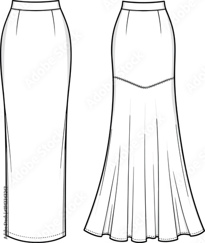 Womens elegant high waisted long maxi skirt with flared hem detail front and back view cad drawing flat vector illustration