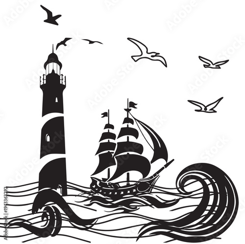 Stormy sea ships seek lighthouse