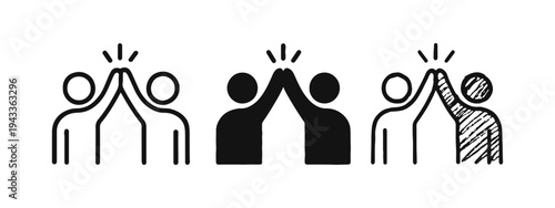 High Five Icon Set: Teamwork Collaboration and Celebration Symbols in Outline, Solid, and Hand-drawn Styles