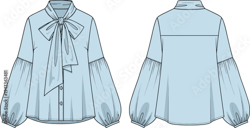 Womens elegant long sleeve button down pussy bow blouse with puff sleeves tech pack front and back view cad drawing flat vector illustration
