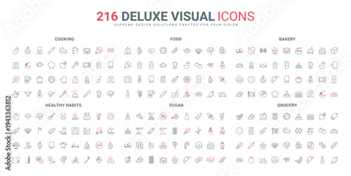 Health checkup and sport, habits and food line icon set. Delivery of vegetable and fruit from grocery store for cooking, sugar product of bakery thin black and red outline symbols vector illustration