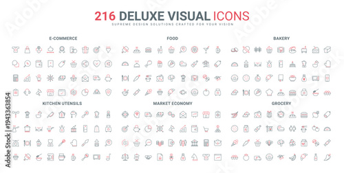 Financial market strategy and money, food and drink, chefs tools to cook line icon set. Order and basket in online store, bakery and grocery thin black and red outline symbols vector illustration