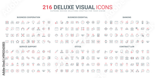 Office management, team and company structure for business achievements, banking line icon set. Lawyers and support service for client, contract thin black and red outline symbols vector illustration