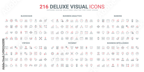 Fintech and mobile banking, biometric access to bank app, business intelligence of leader and growth strategy line icon set. Digital payment thin black and red outline symbols vector illustration