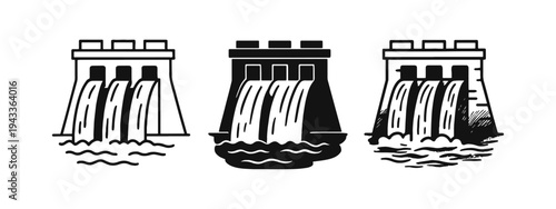 Set of Hydroelectric Dam Icons - Renewable Energy and Water Power Symbols in Various Styles