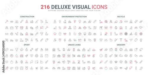 Construction machines and workers tools, urban architecture, transport, grocery food line icon set. Bicycle, sport, ecology and eco protection thin black and red outline symbols vector illustration