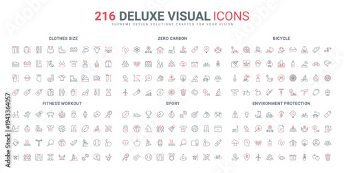 Bike training, sport, circular economy and eco regulation line icon set. Fitness with personal trainer, S M and L sizing of clothes and shoes thin black and red outline symbols vector illustration