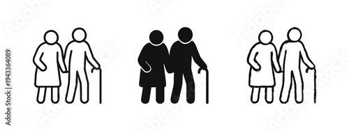 Elderly Couple with Cane Icons - Senior Citizens, Aging, and Retirement Symbols