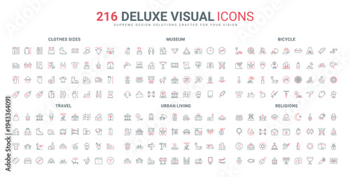 Museum warning signs and travel tickets, bicycle line icon set. Symbols and temples of world religions, public transport and city buildings thin black and red outline symbols vector illustration