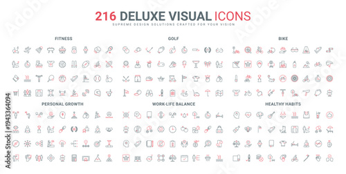 Bicycle and golf equipment, fitness line icon set. Direction to work life balance and healthy lifestyle, personal career and wealth growth thin black and red outline symbols vector illustration