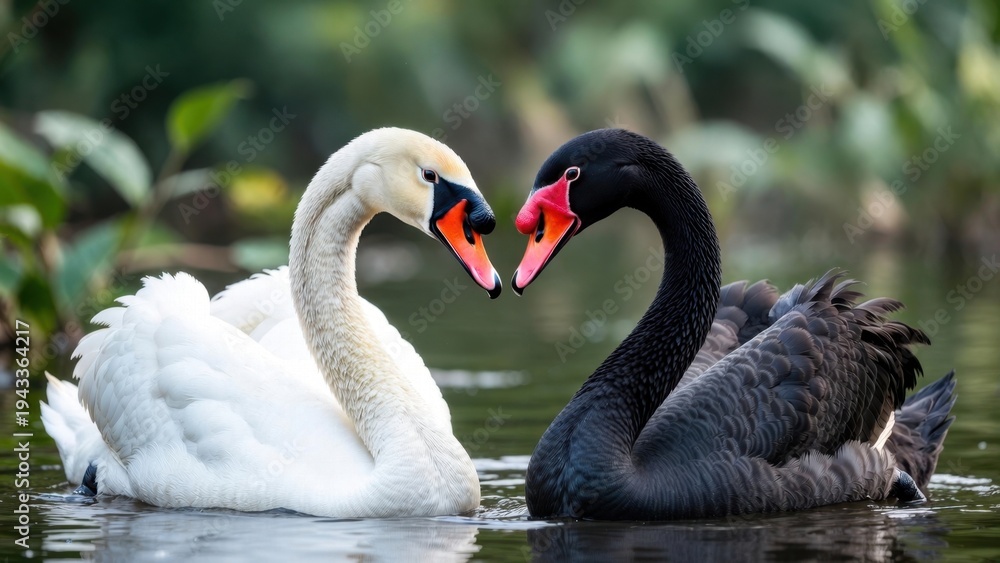 Fototapeta premium White and black swans face each other gently in calm water