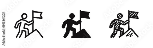 Success and achievement icon set showing a person planting a flag on a mountain top in outline, solid, and doodle styles.