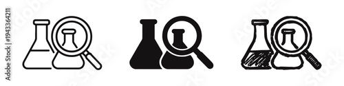 Scientific research and analysis icon set featuring laboratory flasks and a magnifying glass in outline, solid, and doodle styles.