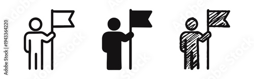 Leadership and goal-setting icon set with a person holding a flag in outline, solid, and hand-drawn doodle styles.