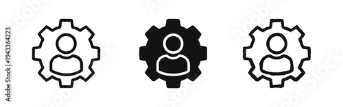 User management and settings icon set featuring a person within a gear in outline, solid, and doodle styles.