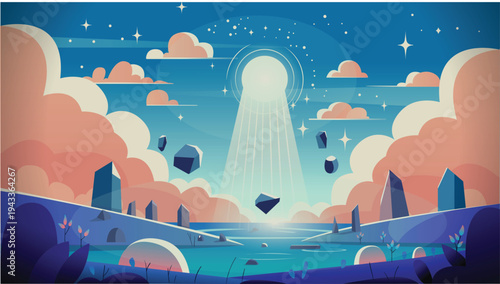 Flat vector educational illustration, a peaceful landscape where natural rules break in a gentle symbolic way