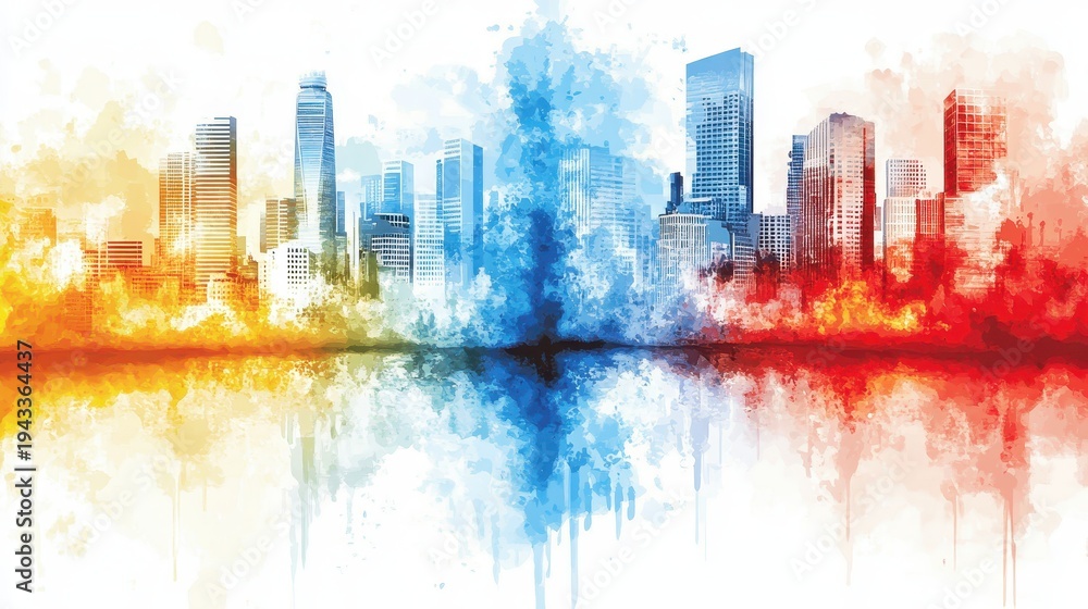 Fototapeta premium Vibrant Watercolor Cityscape with Reflective Water and Abstract Splatter Effects