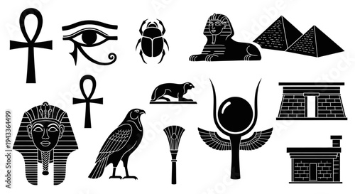 Ancient Egyptian Symbol Silhouette Icon Set Hieroglyph Vector Isolated on White