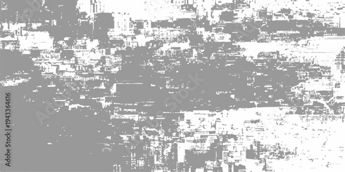 abstract black and white glitch texture with digital noise distortion and fragmented geometric data patterns