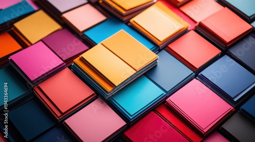 Vibrant stacks of printed marketing brochures organized in clean colorful rows, showcasing precise printing and organized distribution.