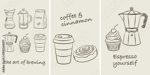 Coffee lover posters in modern hand drawn sketch style. Set of coffee accessories and sweets. Background for posters, wall art, flyer, banner, advertising