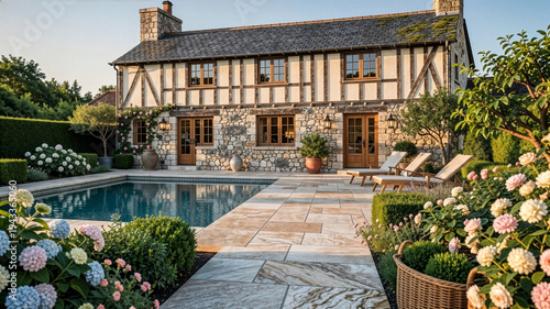 Aménagement extérieur allée en travertin pierre naturelle autour de la piscine d'une belle maison de campagne, demeure de charme