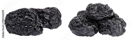Prunes isolated on white background, heap of dried plums
