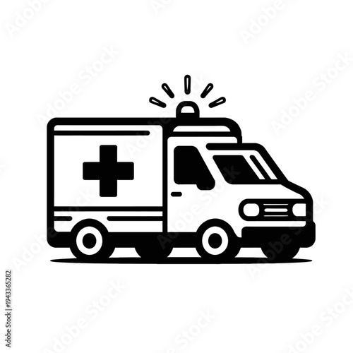 Ambulance Icon Vector Graphic: Emergency Medical Services Vehicle Silhouette with Flashing Siren Light & Red Cross Symbol. Essential Healthcare Transportation Emblem for Urgent Care, First Aid, and Ho