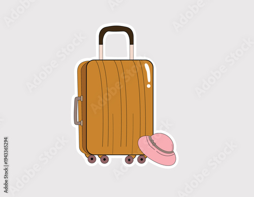 Travel suitcase sticker with sun hat; perfect for tourism agencies, vacation planning apps, travel blog icons, holiday promotions, and luggage retail websites