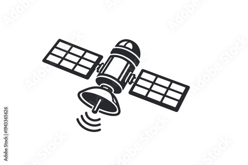 Stylized Vector Icon of an Orbiting Communication Satellite with Solar Panels & Transmitting Dish. Essential for Global Connectivity, Data Transfer, GPS, Weather Forecasting, Broadcast & Scientific Re