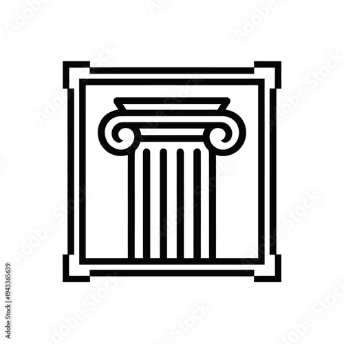 Clean vector line art icon: classical Ionic column with volutes and fluted shaft, framed. Symbolizes ancient Greek and Roman architecture, embodying strength, wisdom, justice, heritage. Ideal for educ
