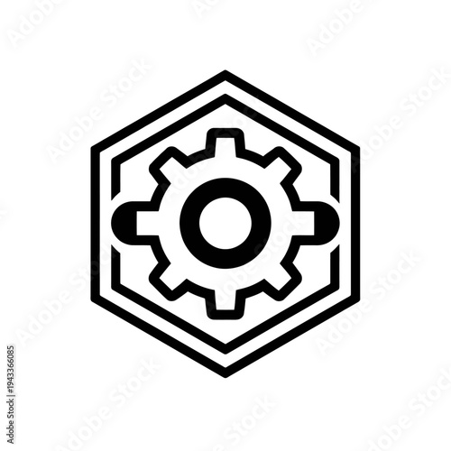 Black gear icon within a bold double-lined hexagonal frame, symbolizing essential settings, advanced system configuration, engineering processes, optimal mechanical operations, technological developme