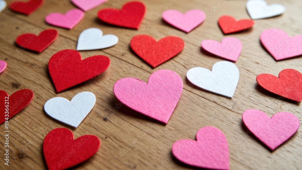 Fototapeta premium Red, pink, and white hearts scatter across a warm wooden surface
