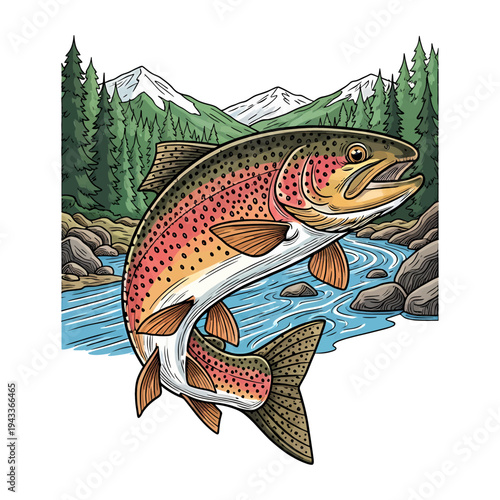 Rainbow trout jumping over river in mountain forest vintage illustration